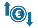 Eine Euromünze in der Mitte und zwei Pfeile: links nach oben, rechts nach unten: alles in blau